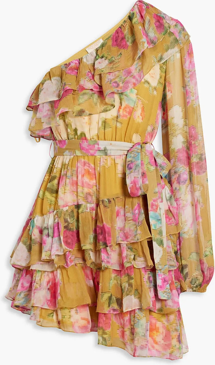Avar one-sleeve floral-print georgette mini dress