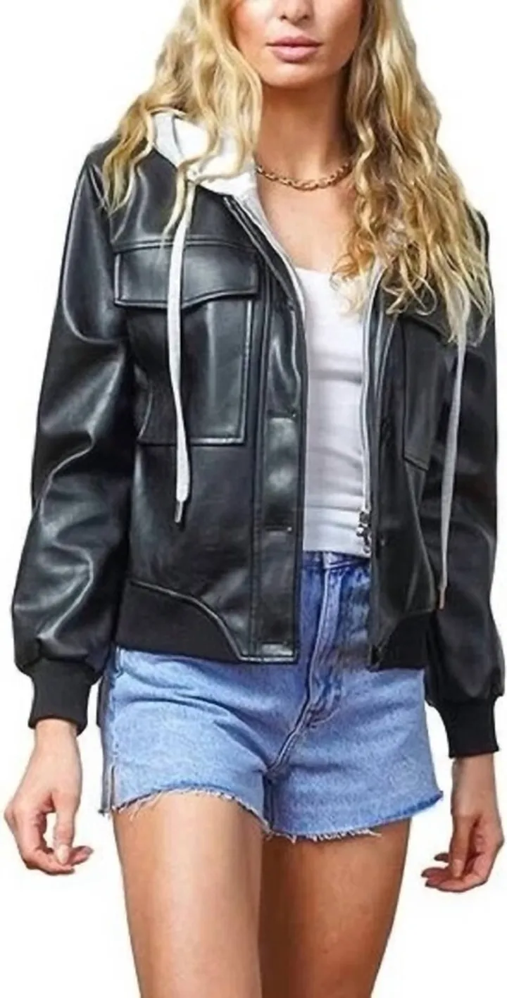 CAMILLE VEGAN LEATHER BOMBER JACKET in Black