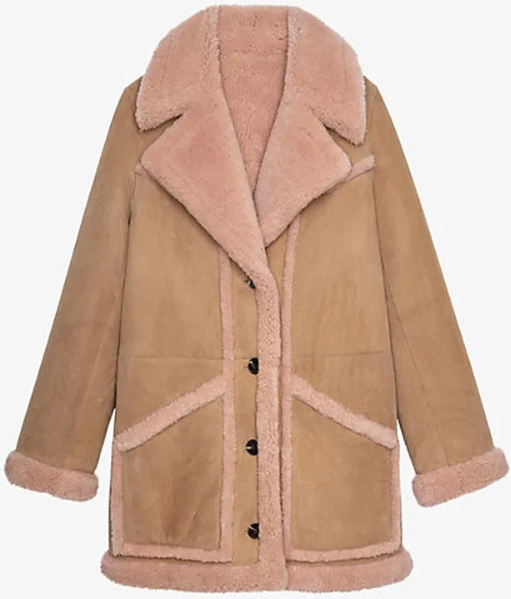 Womens Cognac Laury Oversized-collar Shearling-lined Leather Coat
