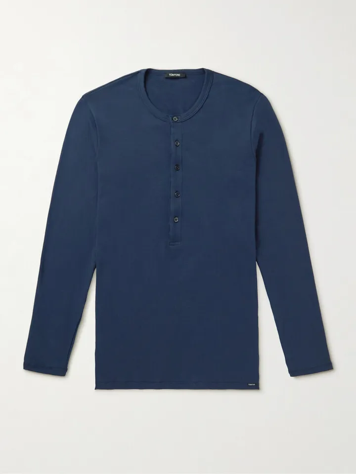 Stretch-Cotton Jersey Henley Pyjama T-Shirt