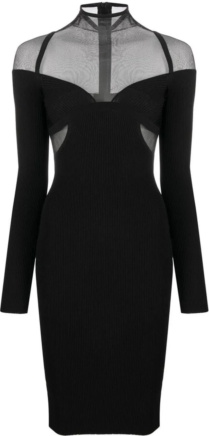 Sheer-Panel Long-Sleeve Dress
