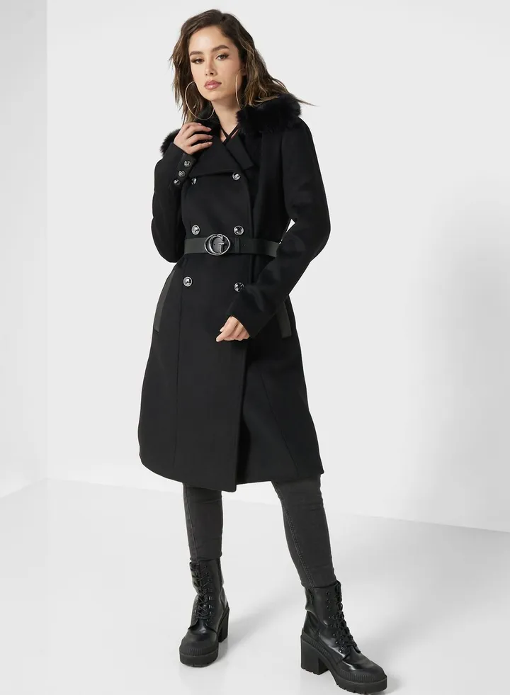 Belted Fur Detail Coat