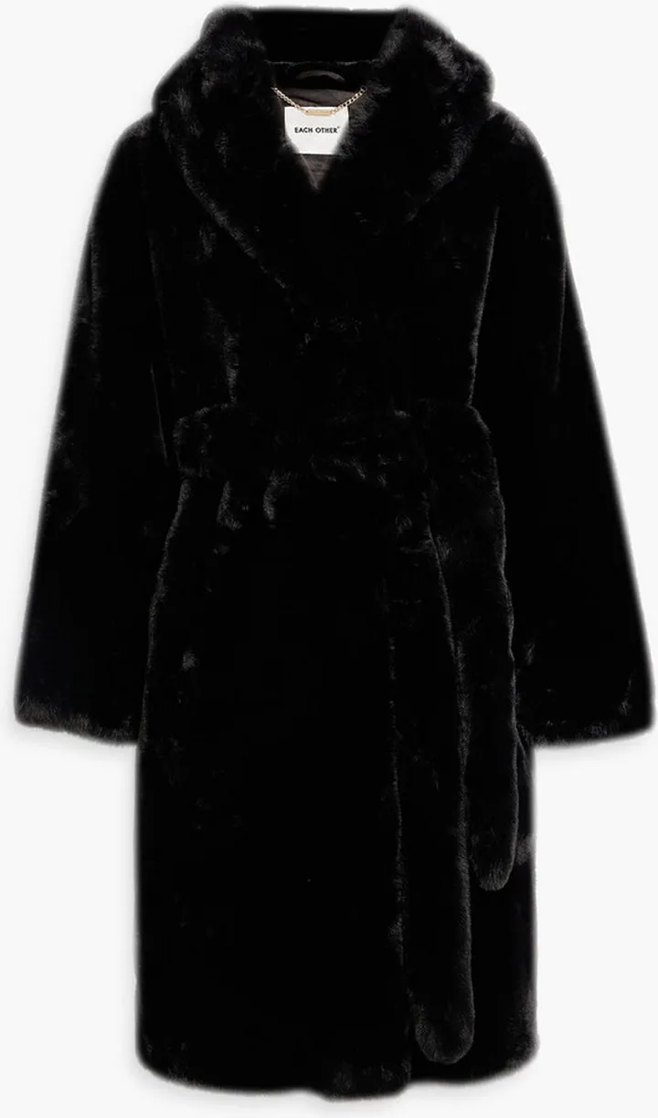 Double-breasted faux fur hooded coat