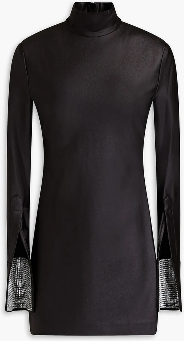 Crystal-embellished satin-jersey turtleneck mini dress