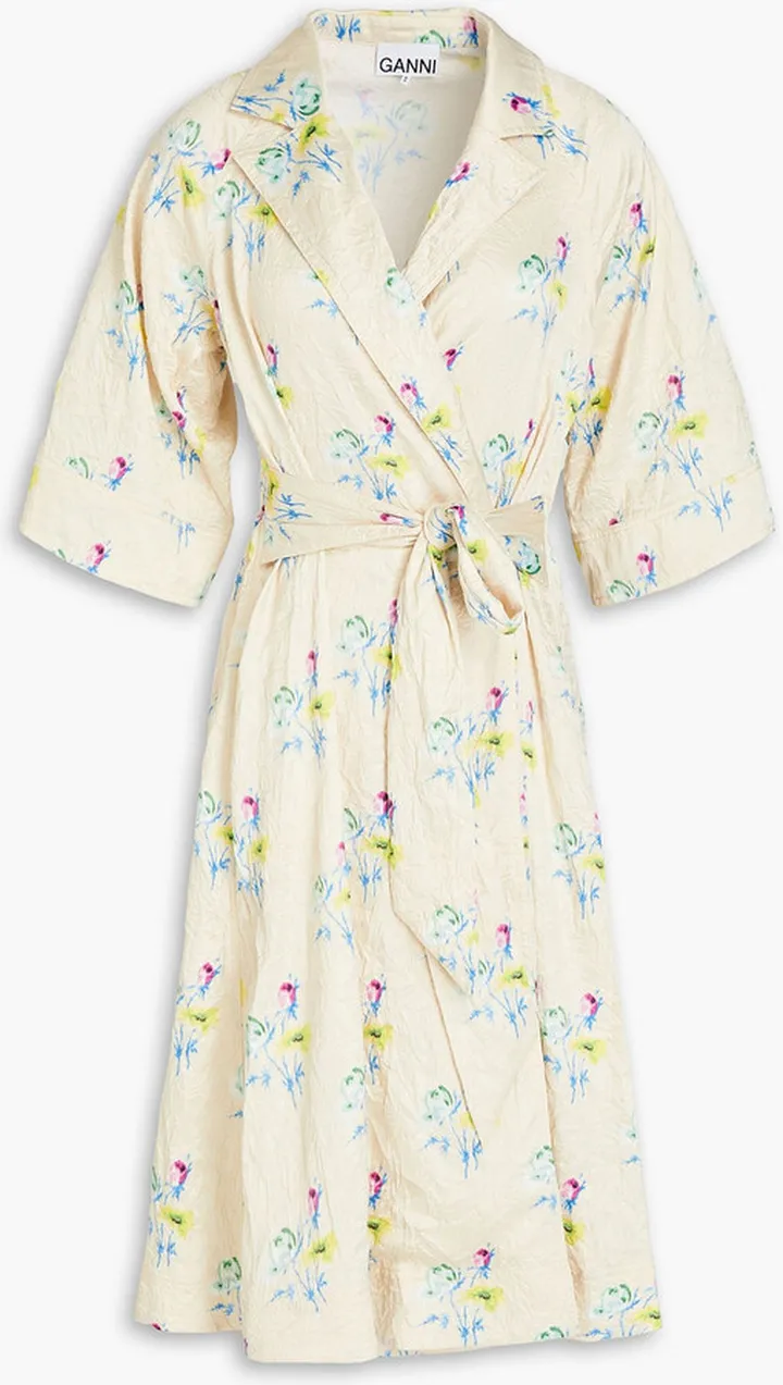 Floral-print crinkled-satin wrap dress