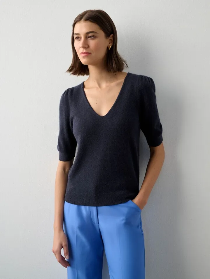 Cashmere Puff Sleeve V Neck