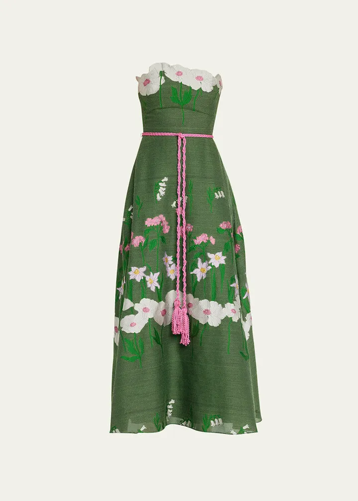 Strapless Floral Applique Midi Dress with Self-Tie Belt