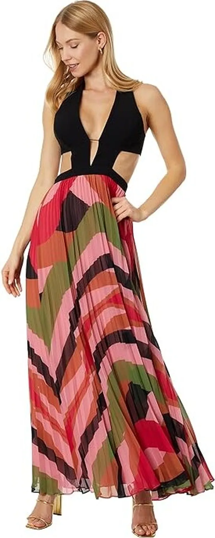 BCBGMAXAZRIA Pleated Halter Gown (Black Combo) Women's Dress