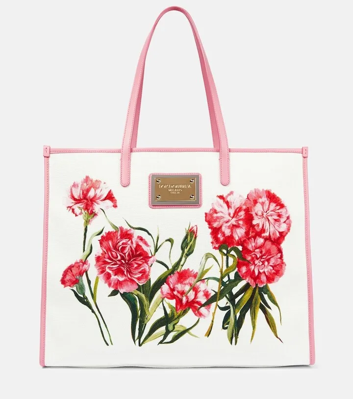 Printed cotton and leather tote bag