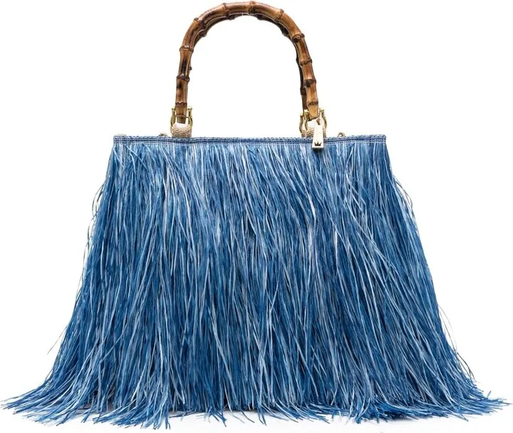 Raffia-Design Bamboo-Handle Tote Bag