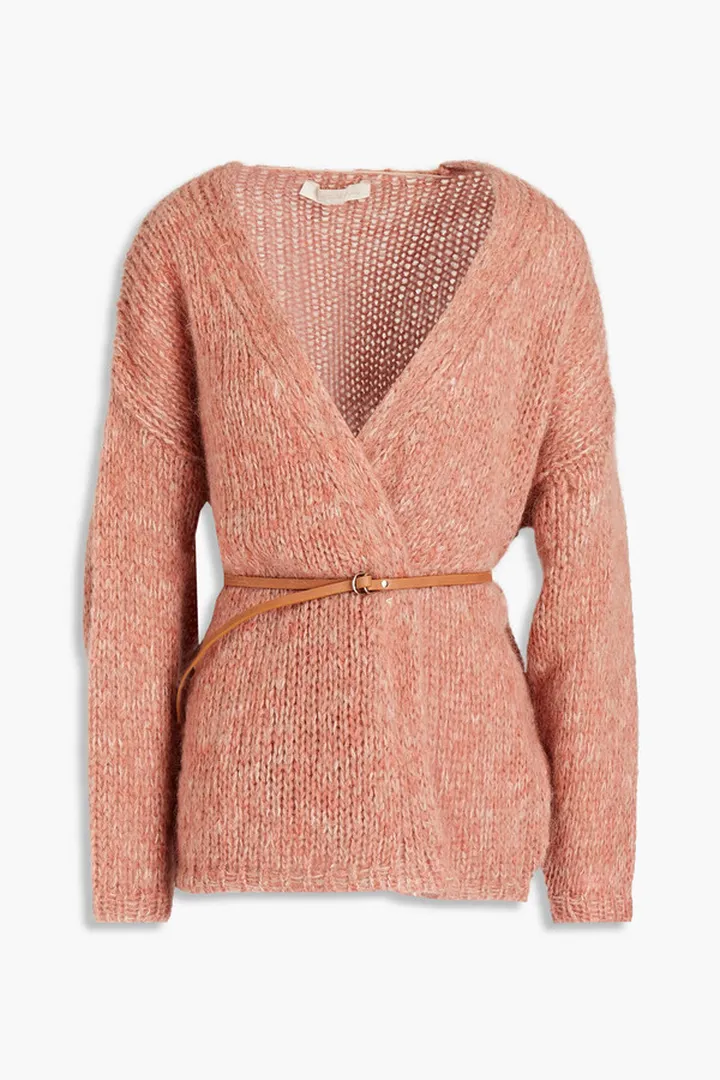 Belted mélange brushed knitted cardigan