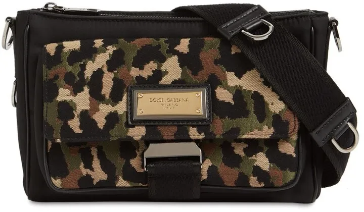 Logo plaque camo crossbody bag