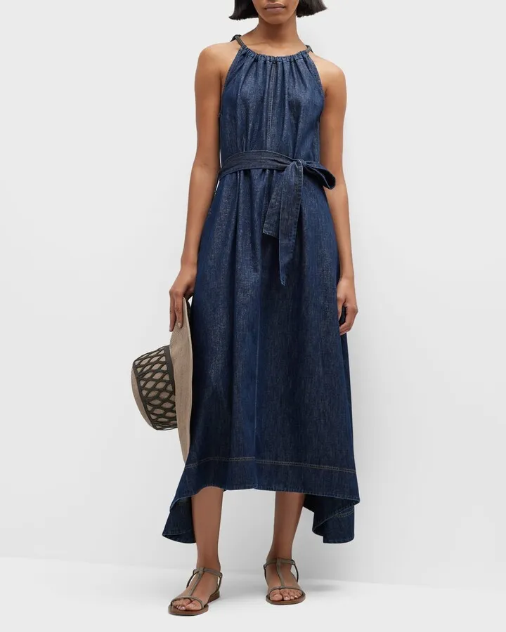 Denim Belted Midi Dress With Monili Neckline