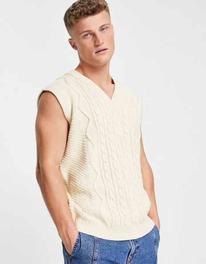ASOS DESIGN oversized heavyweight cable knit v-neck tank in ecru