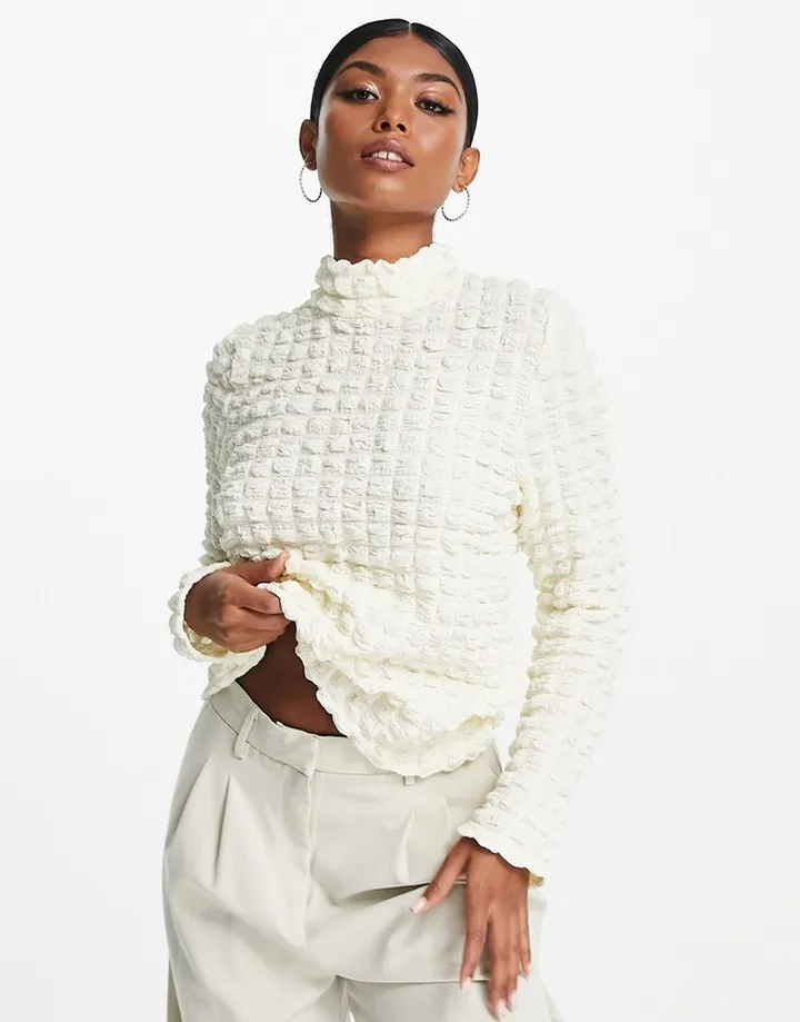 Selected Femme waffle high neck top in cream