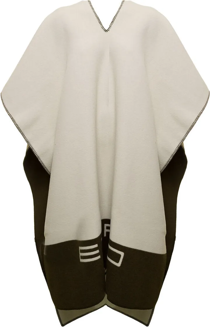Cape With Logo In White Ivory And Khaki Virgin Wool Woman