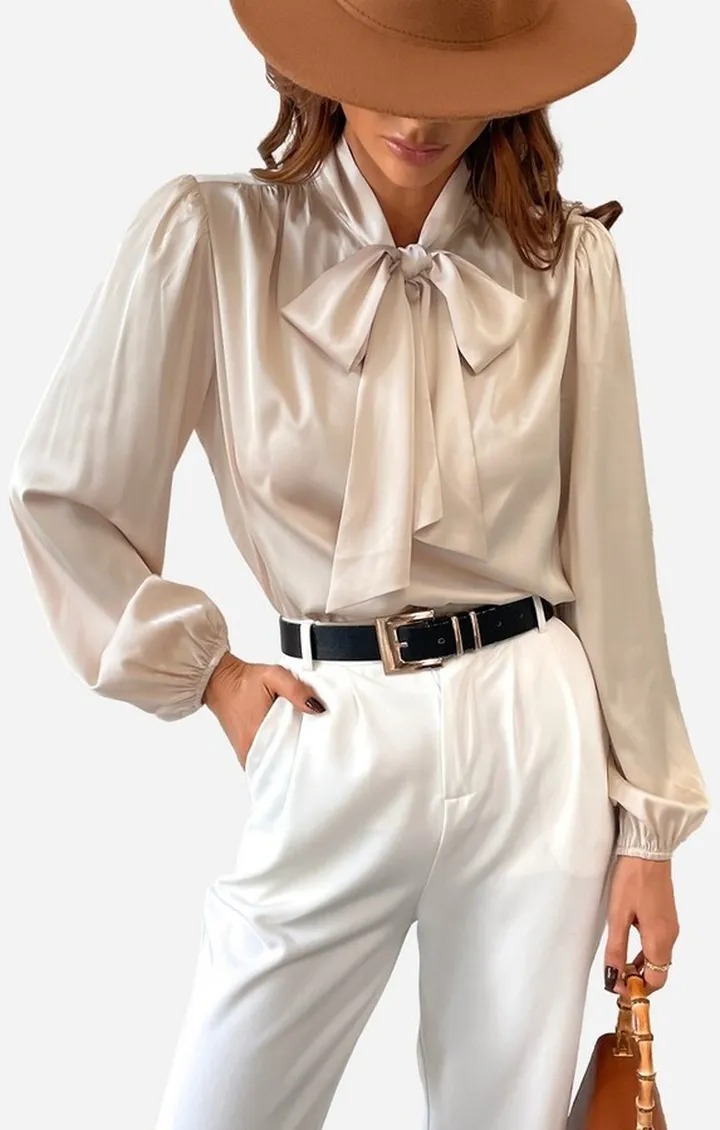 Women's Front Bow Long Sleeve Satin Blouse - Cupshe-L-Apricot
