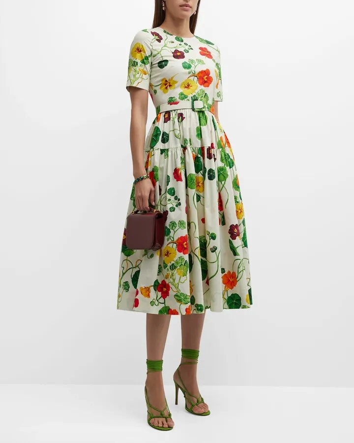 Nasturtium-Print Tiered Short-Sleeve Midi Dress With Belt
