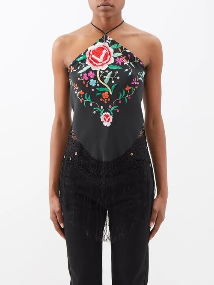 Tassel-hem Embroidered Crepe Halterneck Top