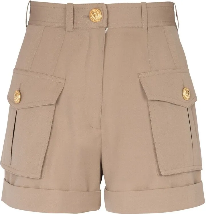 Neutral High-Waisted Wool Cargo Shorts