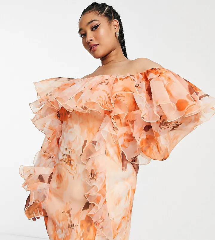 ASOS LUXE Curve organza ruffle dress in orange floral