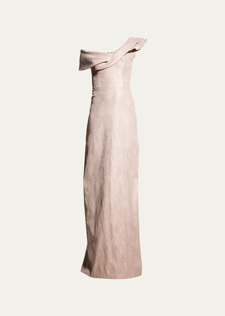 One-Shoulder Tonal Metallic Jacquard Gown