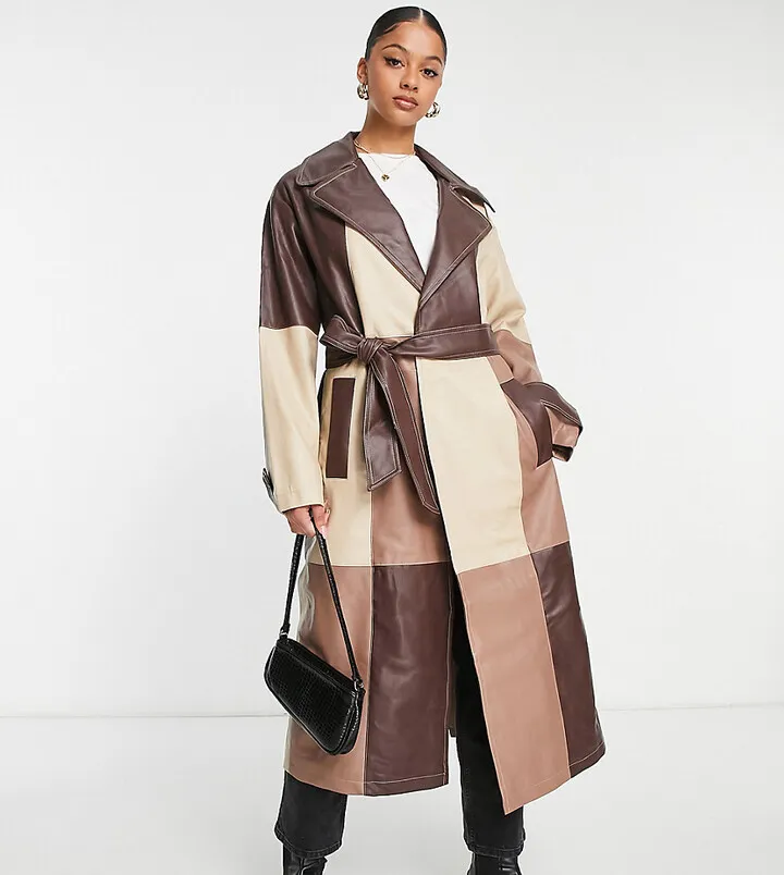 ASOS DESIGN Tall patched faux leather trench coat in brown
