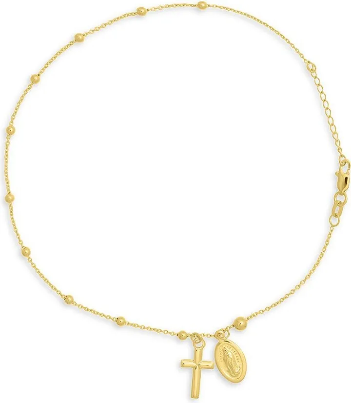 14K Yellow Gold Virgin Mary & Cross Anklet