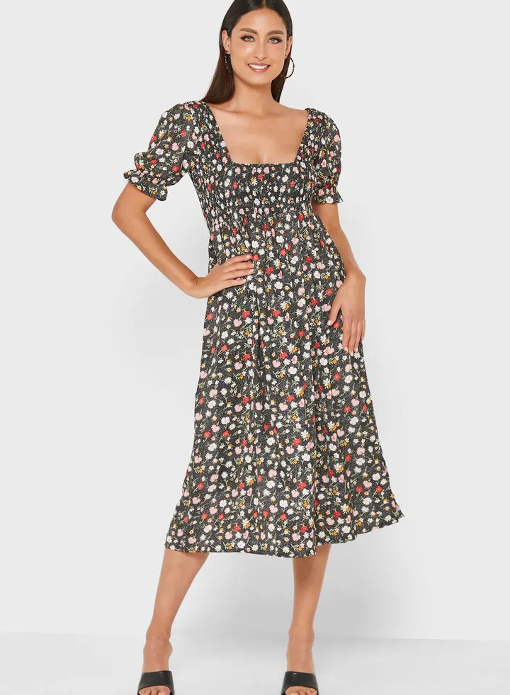 Gathered Sleeve Smoking Dress