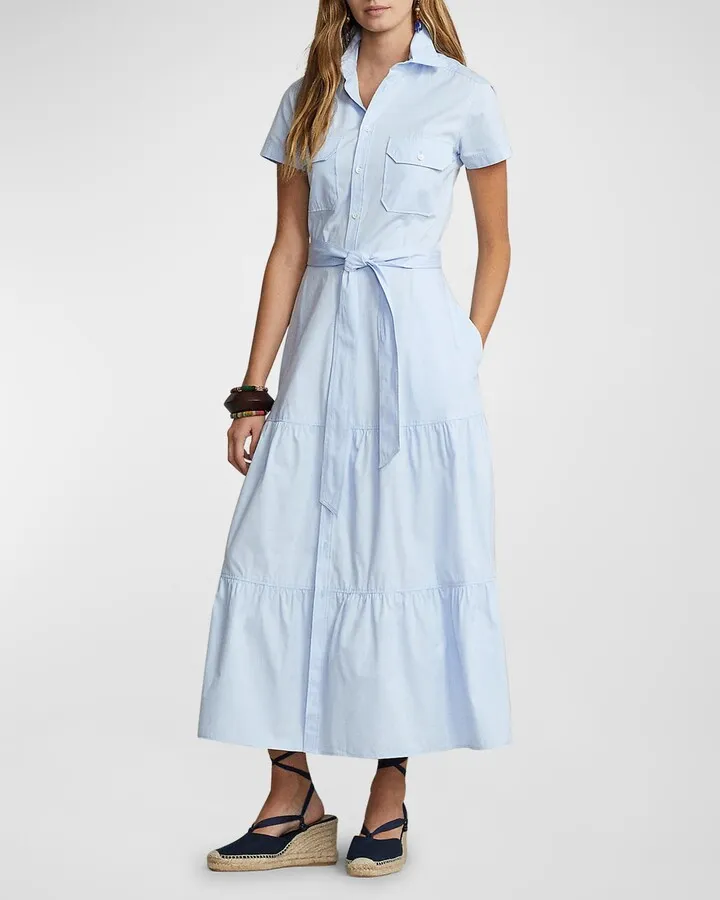 Belted Tiered Cotton Shirtdress
