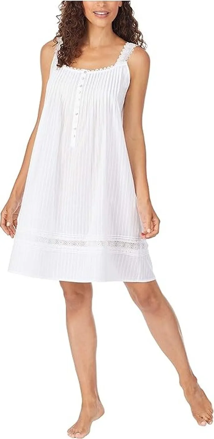 Eileen West Cotton Dobby Stripe Woven Sleeveless Short Nightgown (White) Women's Clothing
