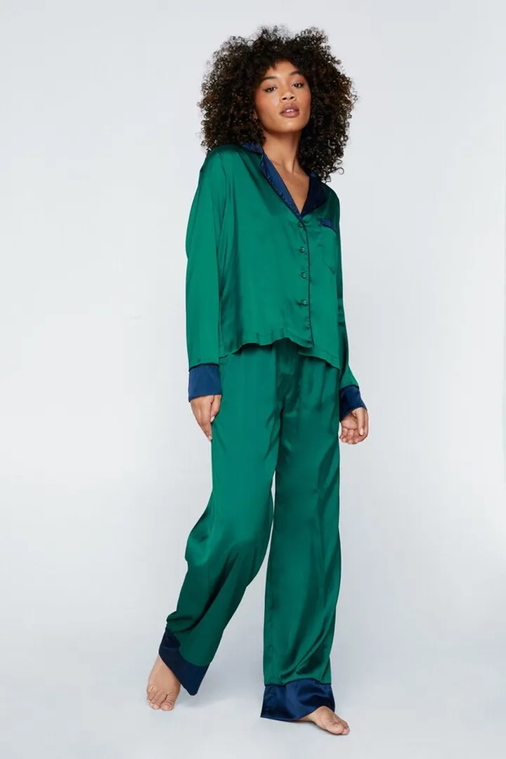 Nasty Gal Womens Contrast Detail Pajama Shirt and Pants Set