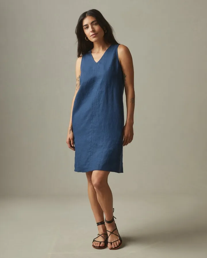 Linen V-Neck A-Line Dress - Nautical Blue