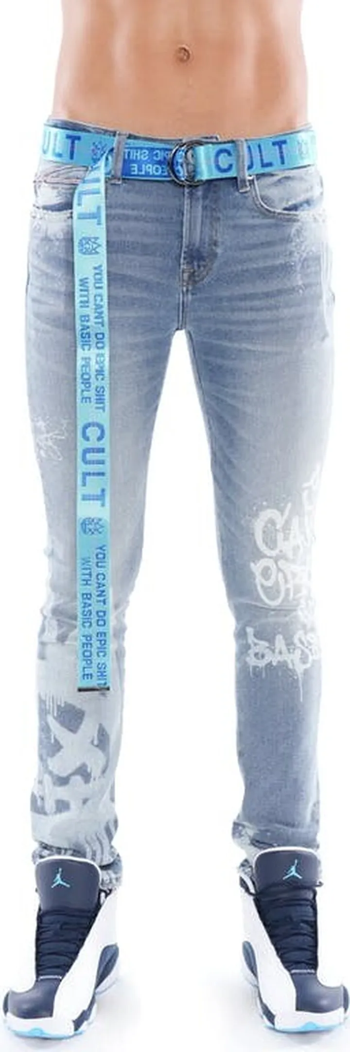Cult of Individuality Punk Super Skinny Belted Stretch Jeans In Spray - Blue