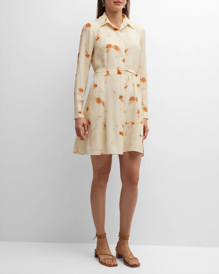 Belted Floral-Print Silk Shirtdress