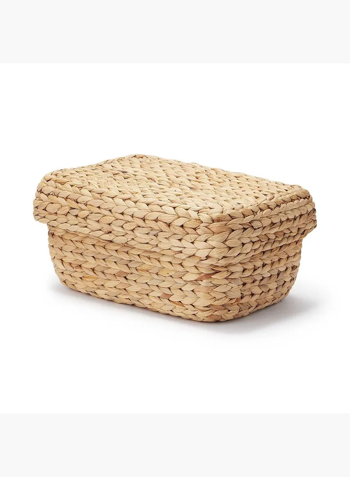Water Hyacinth Rectangle Basket With Lid , Meduim ,W 37 x D 26 x H 17 cm