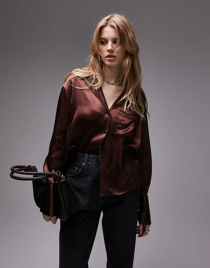 Topshop relaxed shirt in chocolate with black piping