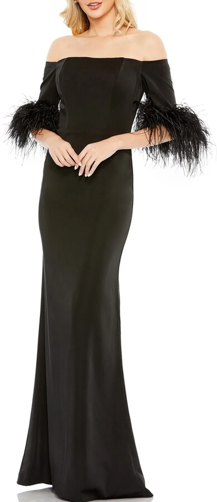 Feather Trim Off the Shoulder Satin Trumpet Gown
