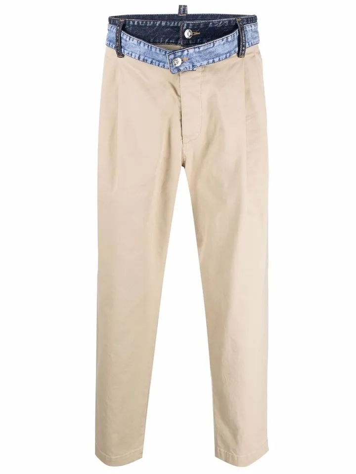 Denim-Waistband Straight-Leg Trousers