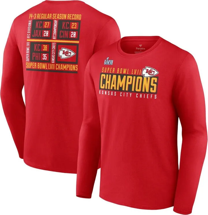 Men's Fanatics Branded Red Kansas City Chiefs Super Bowl Lvii Champions Scoreboard Showcase Long Sleeve T-shirt