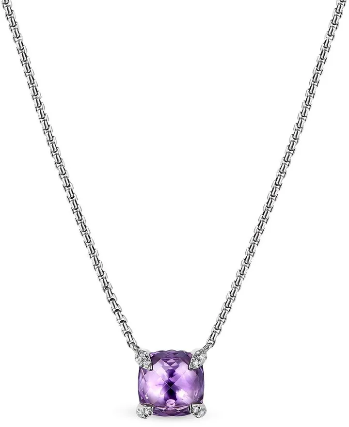 8mm sterling silver Chatelaine amethyst and diamond pendant necklace