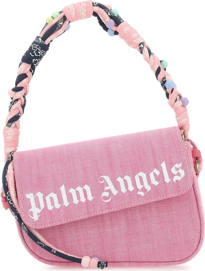 Handbag realized in denim characterized by contrasting printed logo at the front.