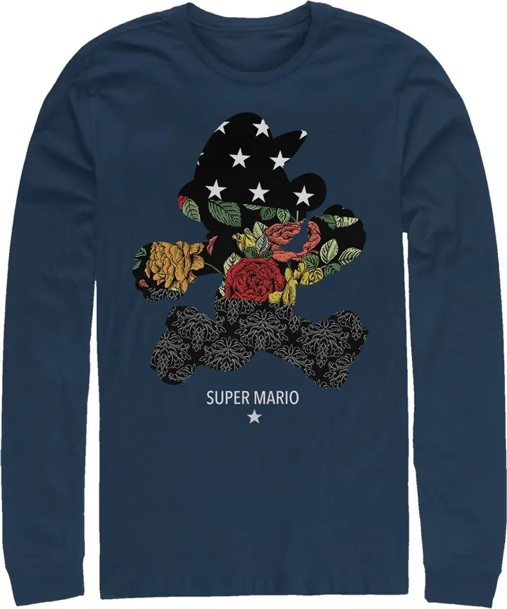 Men's Nintendo Mario Ornate Pattern Long Sleeve Shirt - Navy Blue - Medium