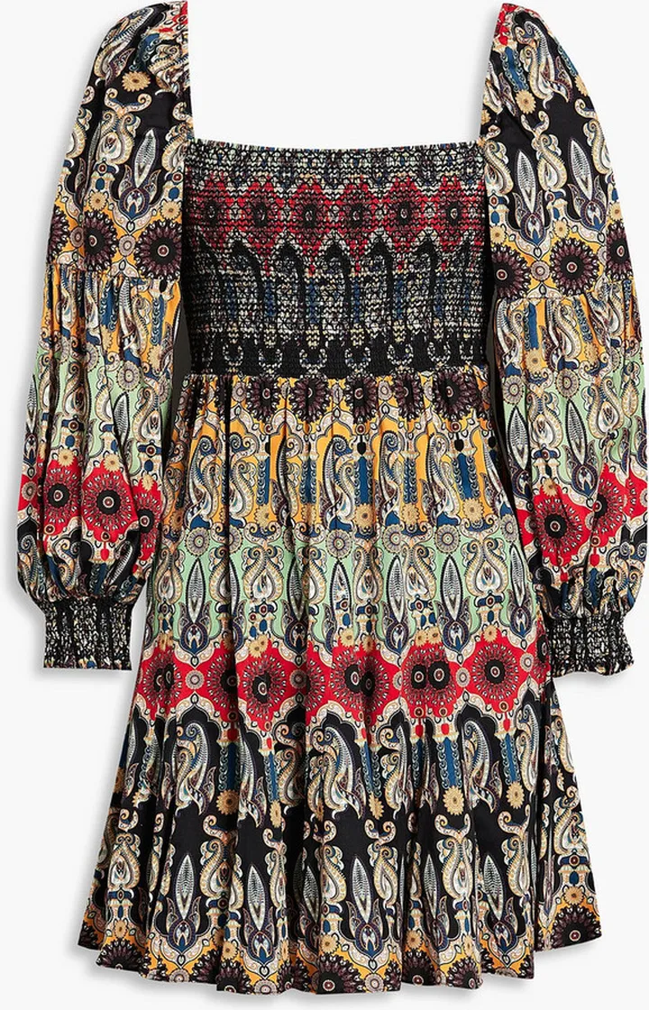 Julissa smocked paisley-print cotton-blend broadcloth mini dress