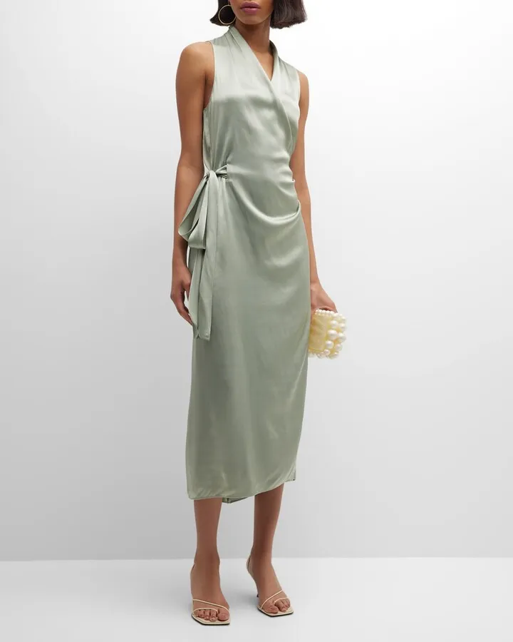 Sleeveless Draped Midi Wrap Dress