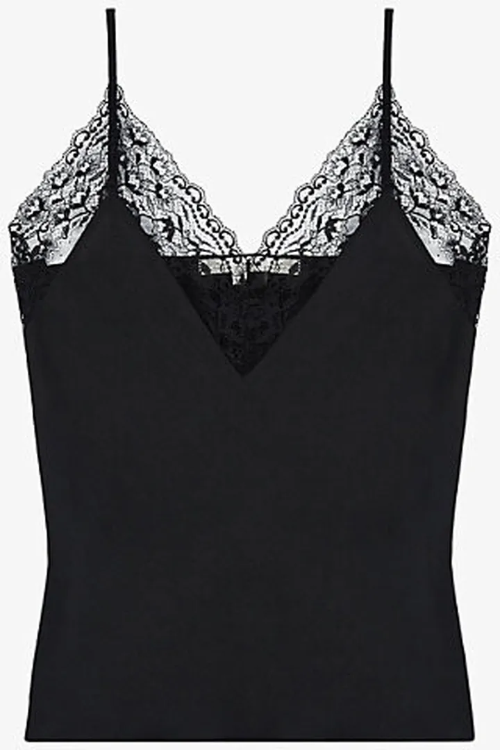 Womens Black Leatoni Silk Satin and Lace Camisole top