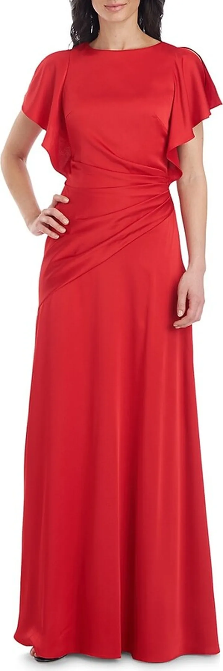 Asymmetrical Ruched Flutter Sleeve Gown
