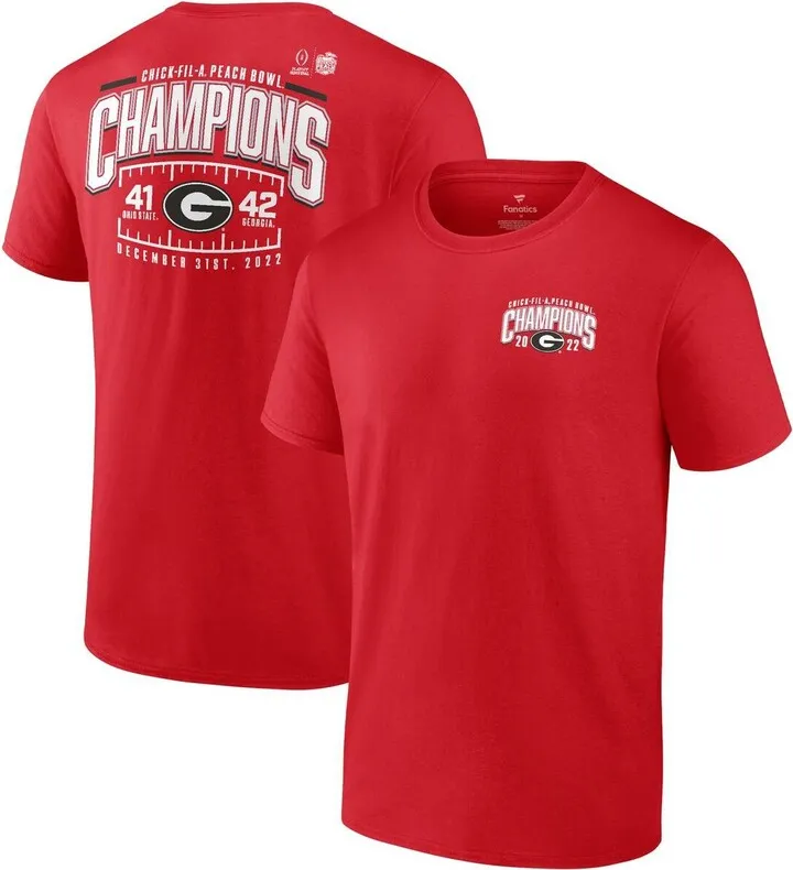 Men's Fanatics Branded Red Georgia Bulldogs College Football Playoff 2022 Peach Bowl Champions Score T-shirt