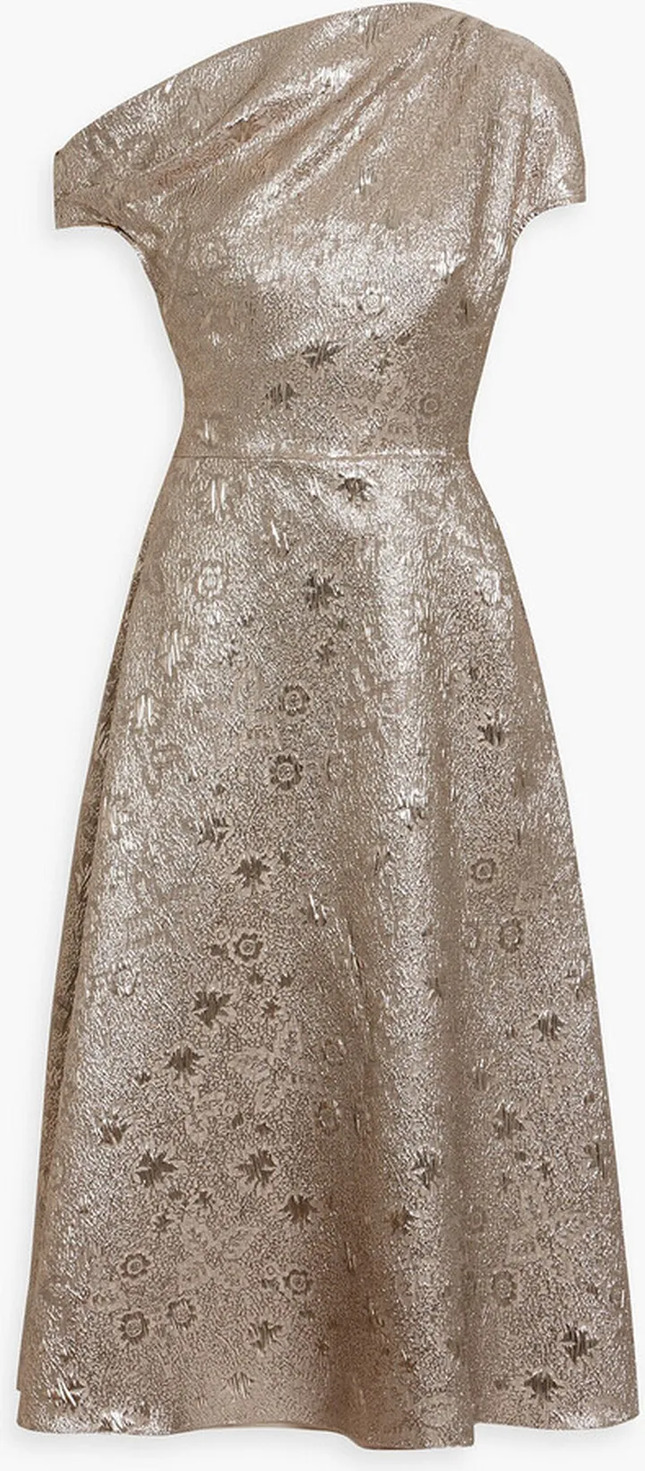 One-shoulder metallic brocade midi dress