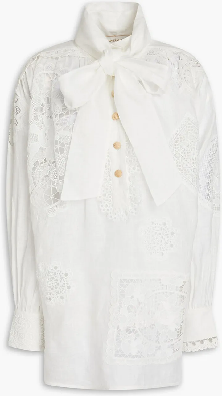 Pussy-bow guipure lace and linen blouse